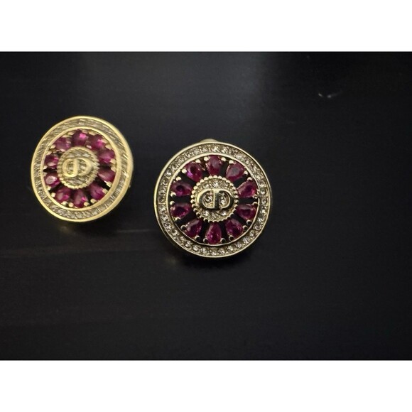 Christian Dior Stamped CD Authentic Magenta Crystals Medallion Stud Earrings - Picture 16 of 16